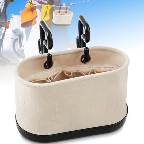 Vesici 1 Set Canvas Bucket Bag Including Hooks Aerial Oval Tool Bucket with Black Polypropylene Bottom 15 Pockets Lineman Tool Bag Organizer for Industrial Maintenance Construction Sites (White)