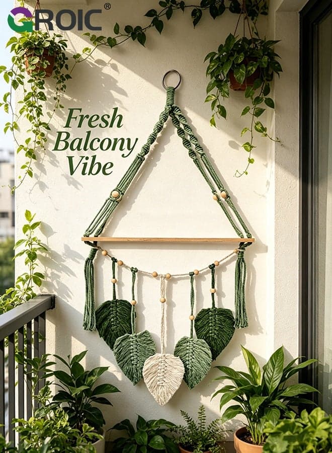 Boho Macrame Leaf Wall Hanging – Handmade Cotton Rope Garland with Wooden Beads & Pastel Leaves, Bohemian Home Decor for Nursery, Bedroom, Wedding & Party, Pink