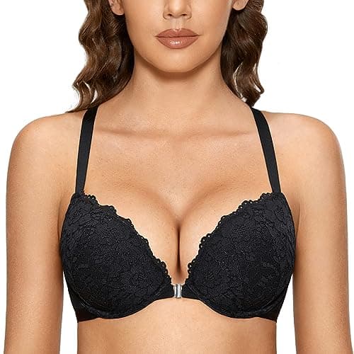 DOBREVA Women's Push Up Bra Racerback Front Closure Bras Lace Padded Underwire Plunge Floral Black 34B