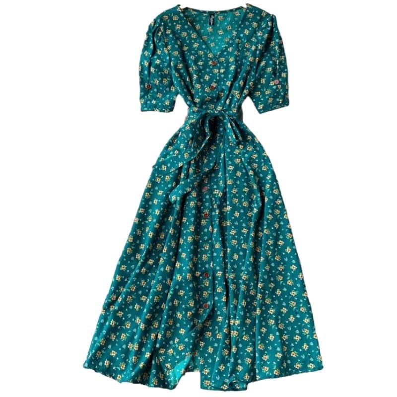 Gufrina Dresses for Women Half Sleeve || Floral Print || V-Neck and Puff Sleeves || Front Open Button & Tie-Up || Midi Dress (in, Alpha, 3XL, Regular, Green)