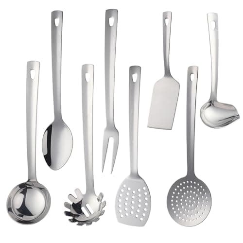 QOBIMOON Stainless Steel Kitchen Utensil Set -8 Cooking Utensils, Plated Set Kitchen Tools Gadgets Cake Shovels/Plain Spatula, Potato Masher, Spoon, Slotted Spoon, Soup Ladle-Sliver