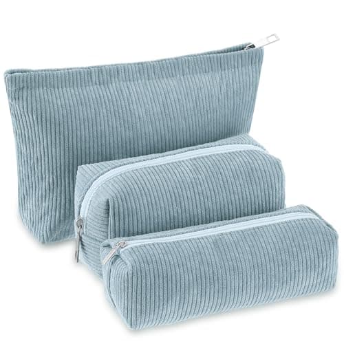 Huhumy 3 Pcs Makeup Bag Set for Women Corduroy Cosmetic Pouch Aesthetic Smile Travel Toiletry Bag Cute Purse Pouch Pencil Case Makeup Brushes Storage Organizer for Christmas(Blue,Solid Style)
