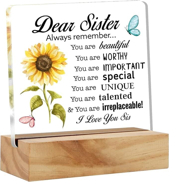 Bs amor Sisters Gift Best Sister Gifts From Sister, Inspirational Sister Love Desk Decor Floral Acrylic Desk Plaque Sign with Wood Stand Home Office Desk Sign 5x4 inches