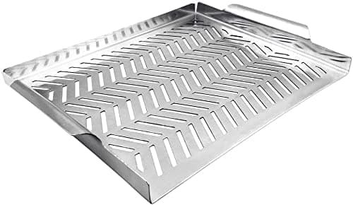 INDIAN DECOR 311198 Grill Pan Grill Topper Stainless Steel Charcoal Gas Grill Accessories BBQ Grill Wok with Handles for Vegetables Meat Grill Pans for Outdoor Grilling Cooking Chrome