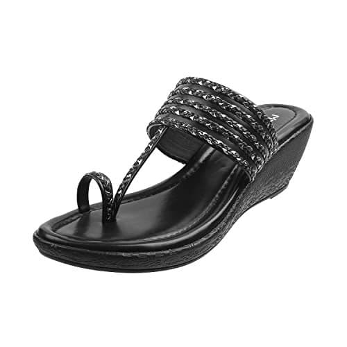 Metro Women Black Embellished Toe Ring Wedge Heel Ethnic Fashion Sandals UK/3 EU/36 (32-33)
