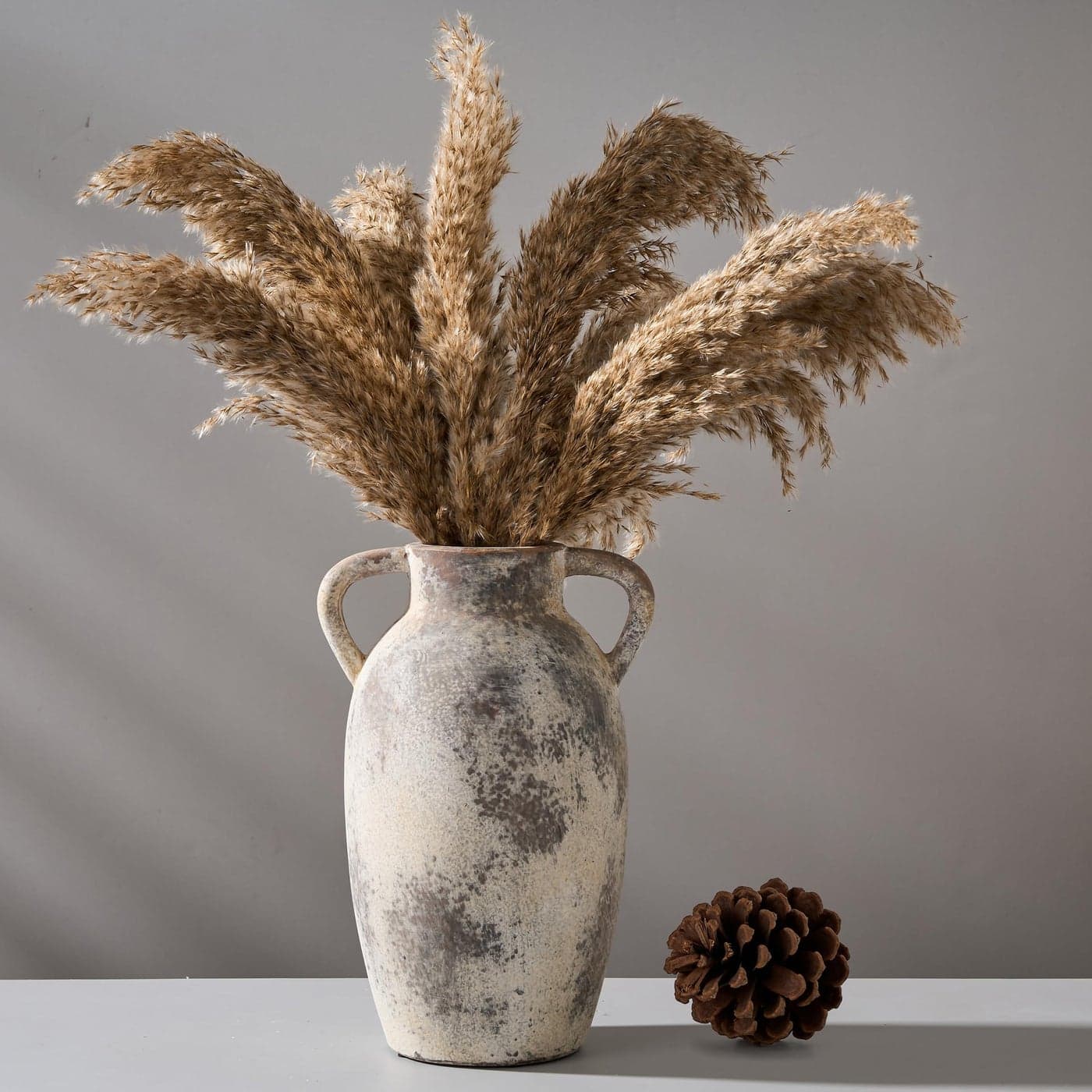 PORCER 984 Inch Ceramic Vase with Handles Tuscan Decor Antique Terracotta Vase Rustic Decorative Flower Vase for Home Decor Farmhouse Living Room Table Bedroom Office Entrance Gray