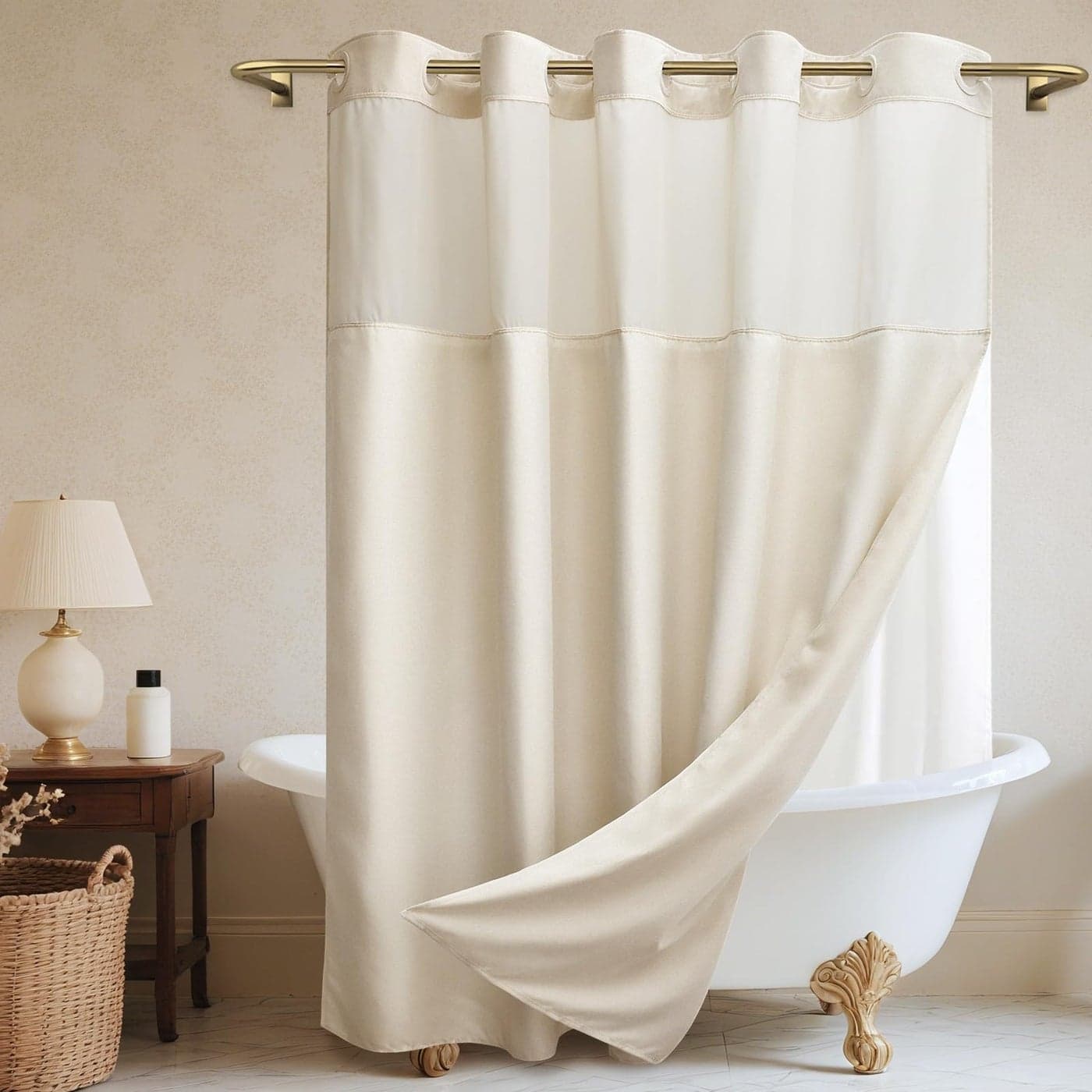 WONICY No Hook Cream Shower Curtain and Liner LinenLook Polyester Textured Shower Curtain with Snap in Liner Waterproof Washable Bath Curtains for Bathroom 71Wx74H