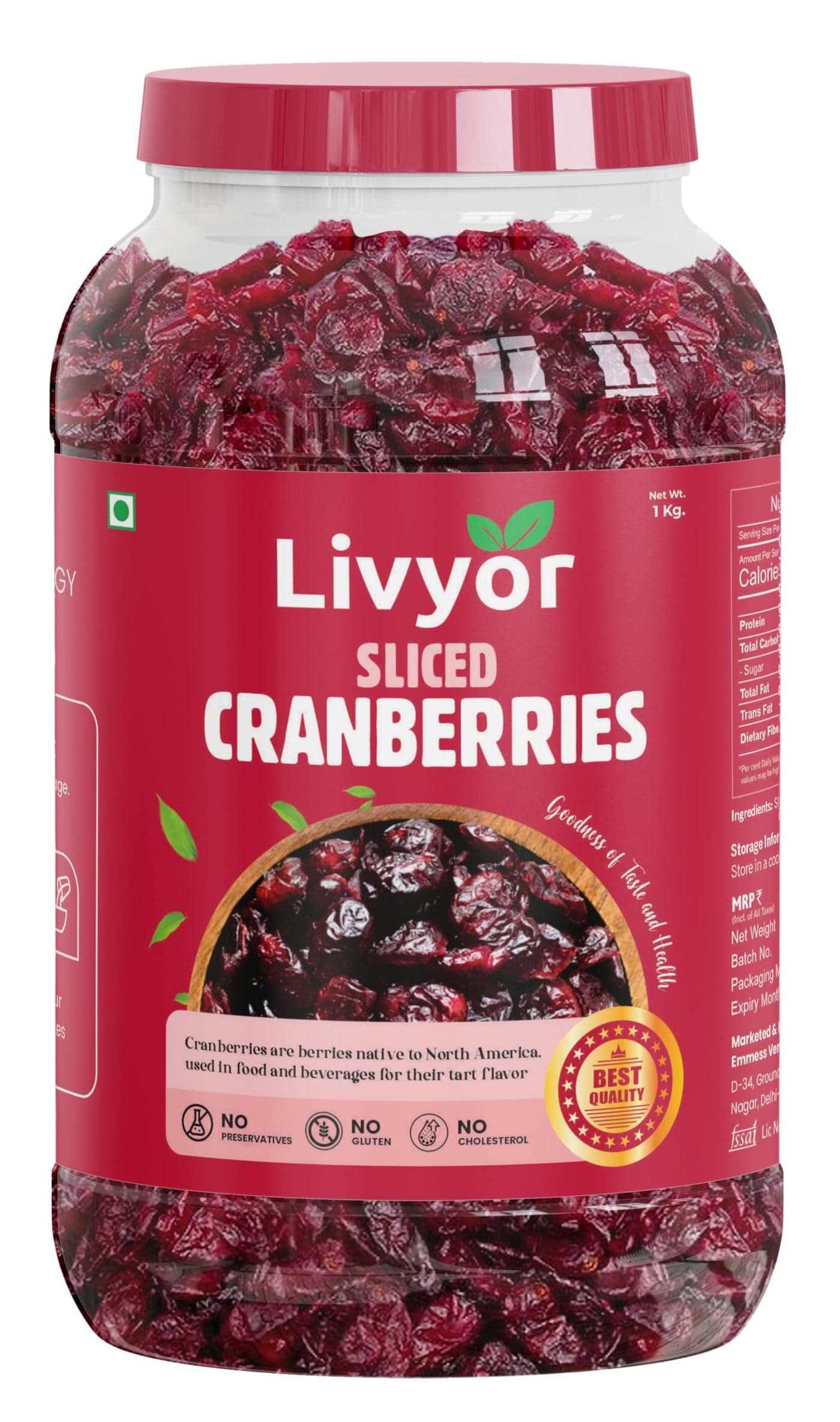 Livyor Sliced Cranberries - 1kg | Naturally Dried | Dry Fruits | Rich in Fibre | Healthy and Tasty | Naturally Sweet | Pack of 1