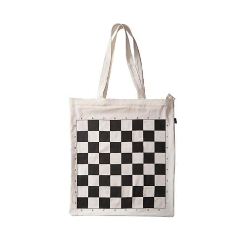 Stonkraft Roll-up Chess Board with Chess Pieces – Dual Purpose Portable Chess Mat & Cotton Tote Bag with Chess Board Print to Play Chess Anywhere | (White) (Without Chess Pieces)
