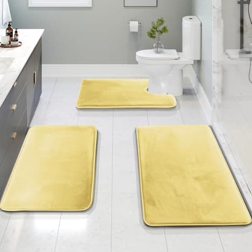 Clara Clark 3 Piece Bathroom Rugs Bath Mat Set, Velvet Memory Foam Bath Mats for Bathroom - Non-Slip, PVC Backing Bath Rugs, Washable - Dries Quickly, Yellow