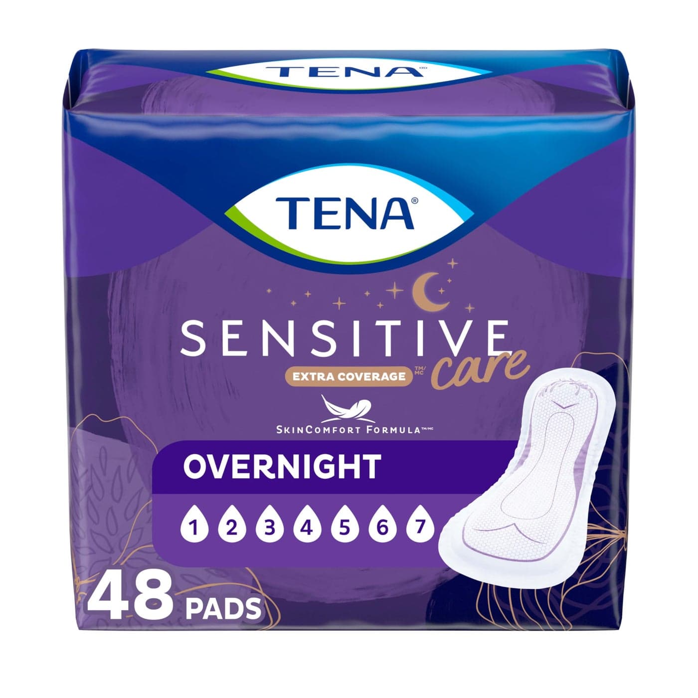 TENA Sensitive Care Incontinence Pads Bladder Control Postpartum for Women Overnight Absorbency Extra Coverage 48 Count