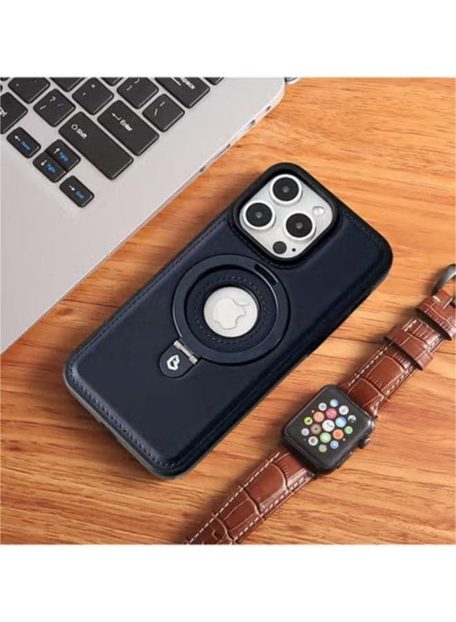 iPhone 14 Pro Leather Case with Metal Magnetic Folding Stand - Blue