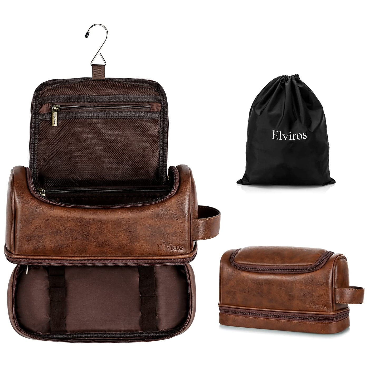 Elviros Toiletry Bag for Mens PU Leather Travel Organizer Kit with Hanging hook Large Waterresistant Toiletries Bathroom Shaving Bag Gift For Men Dark Brown