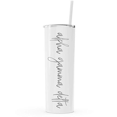 Go Greek Chic Alpha Gamma Delta Laser Engraved Skinny Tumbler with Straw (White)