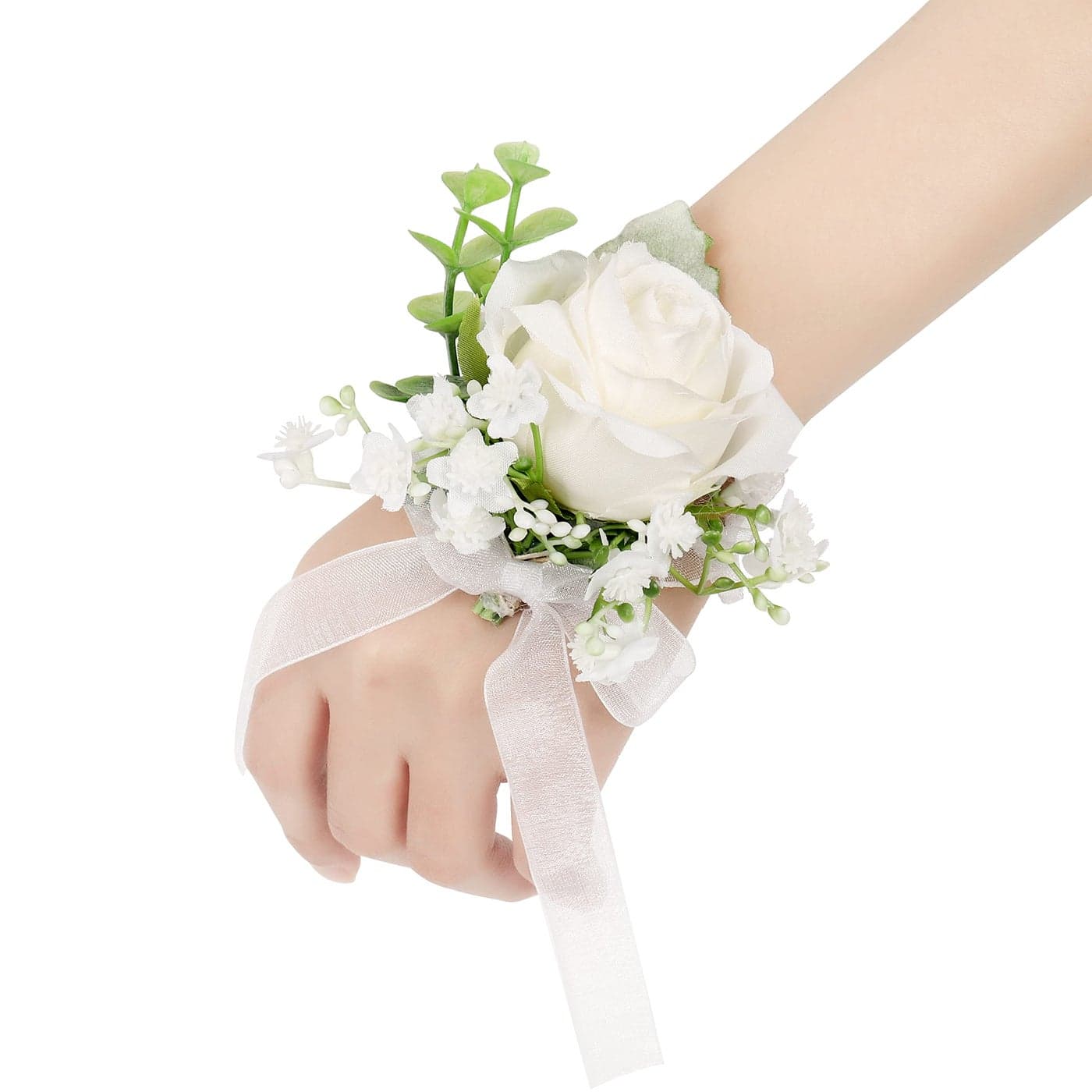 YSUCAU White Rose Wrist Corsages Wristlet Band Bracelet for WeddingSet of 6 Ivory Eucalyptus Wrist Flower Wristband Hand Flower for Bride Bridesmaid Mother of Bride Prom Party Decor