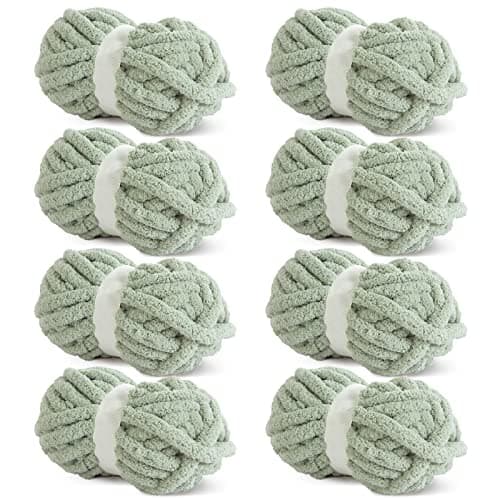 HOMBYS Sage Green Chunky Chenille Yarn for Crocheting, Bulky Thick Fluffy Yarn for Knitting,Super Bulky Chunky Yarn for Hand Knitting Blanket, Soft Plush, 8 Jumbo Pack (27 yds,8 oz Each Skein)