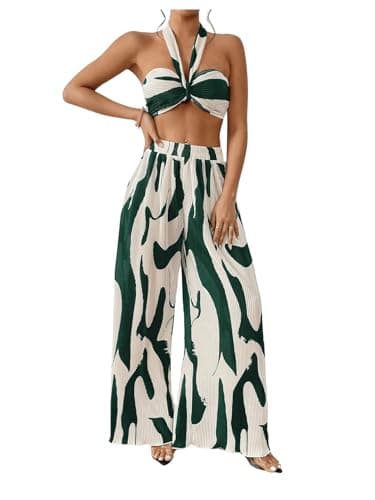 OYOANGLE Women's 2 Piece Vacation Outfits Graphic Print Knitted Crop Halter Top and Wide Leg Pants Set Dark Green Small
