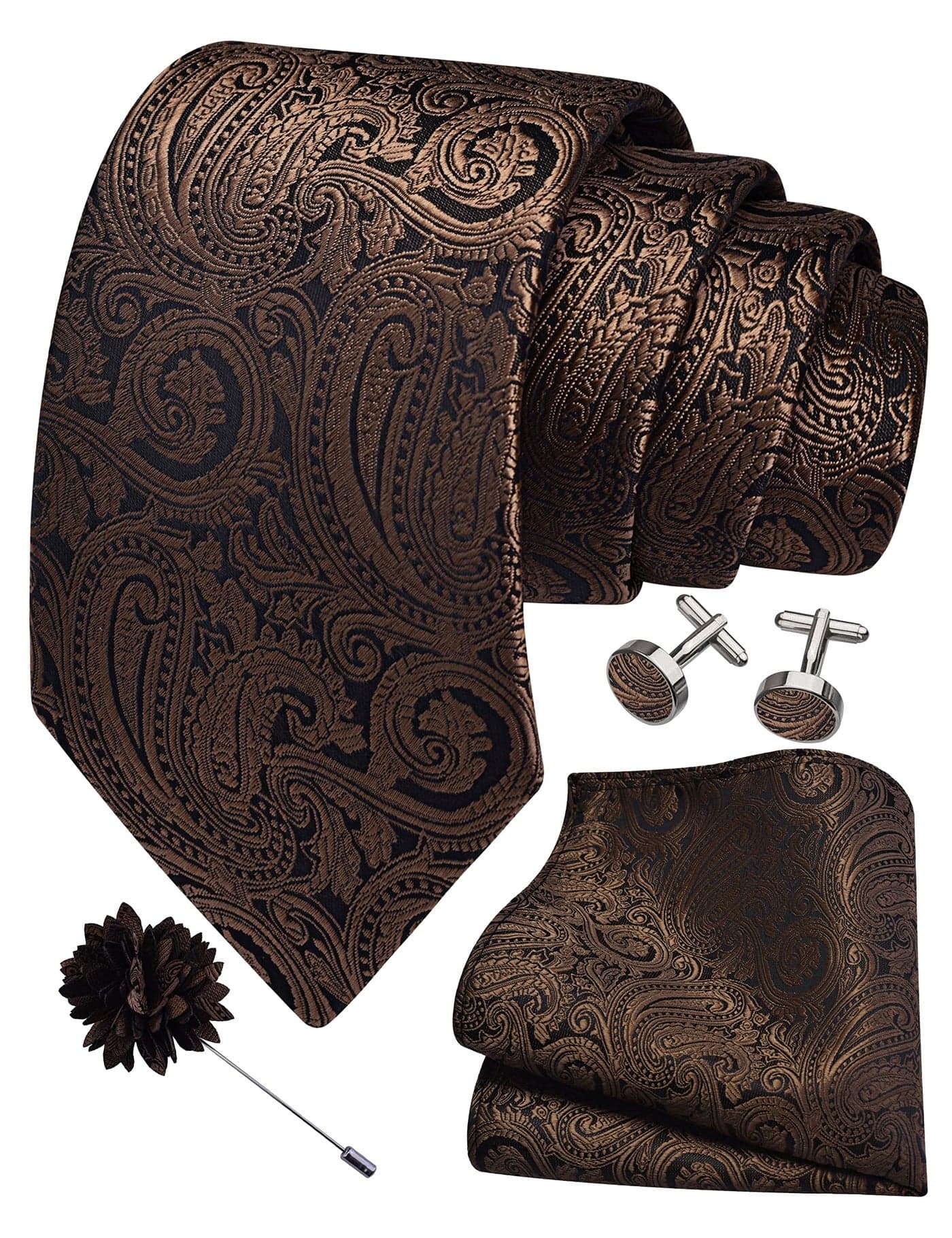 GUSLESON Mens Brown Tie for Wedding Silk Paisley Necktie Pocket Square Cufflinks and Lapel Pin Brooch Set (IN6103-27)