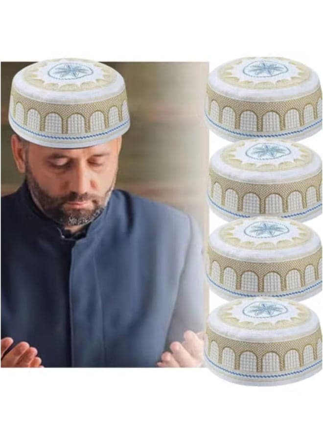 5 Pieces Eid Muslim Men's Prayer Kufi Hats, Prayer Headwear, Islamic Skullcaps, Embroidered Kufiyah Topi Diameter Approx. 22.83"/58cm