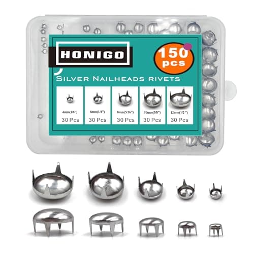 Honigo 150pcs Nailheads Round Dome Studs Rivets Silver Metal Solid Brass 4681012mm 4 Prongs Spikes Spots for Leather Craft Clothes Belt Bag Shoes Decorations Totes DIY Craft