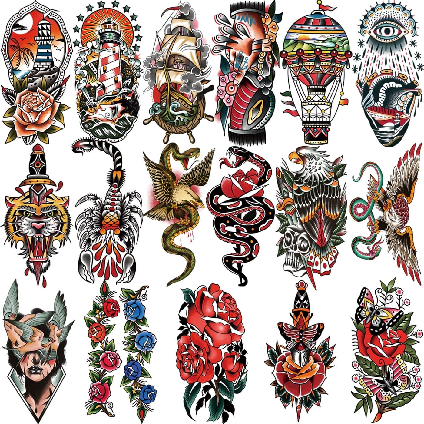 Yazhiji 77sheets Waterproof Temporary TattoosOld School TattooSailor Jerry Style Vintage Classical Fake Tattoo American Traditional Flower Rose Arm Stickers for Women Men Adults Kids