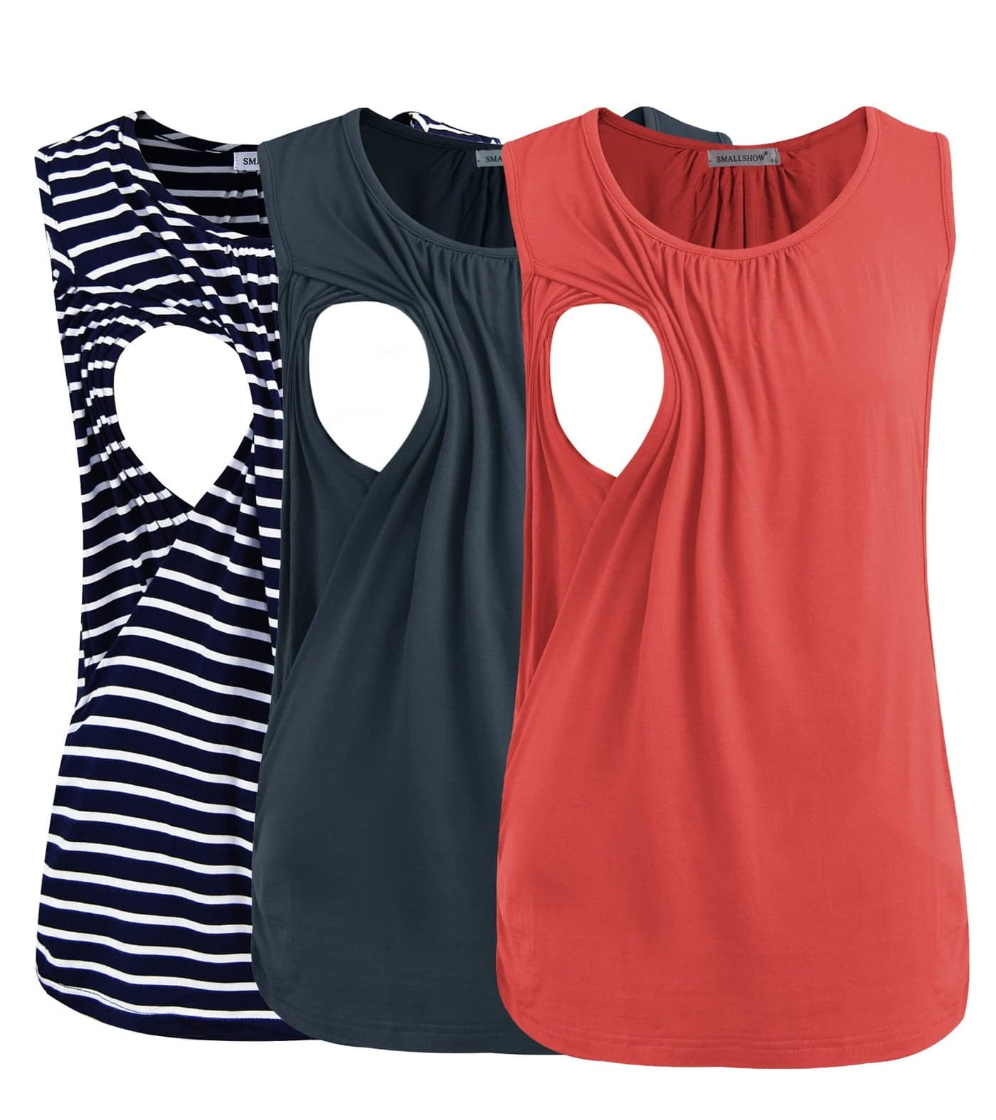 Smallshow Women's Maternity Nursing Tank Tops Breastfeeding Clothes 3-Pack Medium Dark Grey-Orange-Navy Stripe