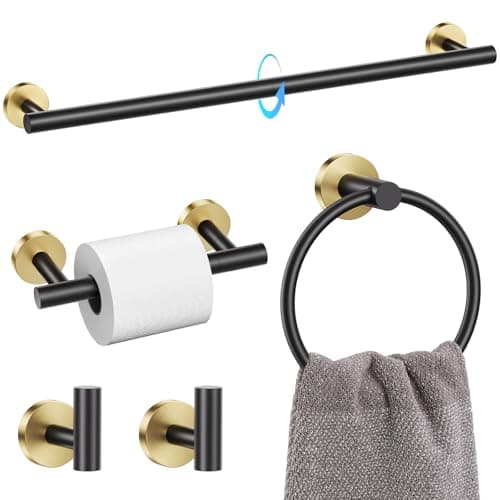 TQKAG Black and Gold 5 Piece Bathroom Hardware Accessories Set 23.6" SUS304 Stainless Steel Bathroom Towel Bar Holder Sets Double Post Pivoting Toilet Paper Holder Set Wall Mounted