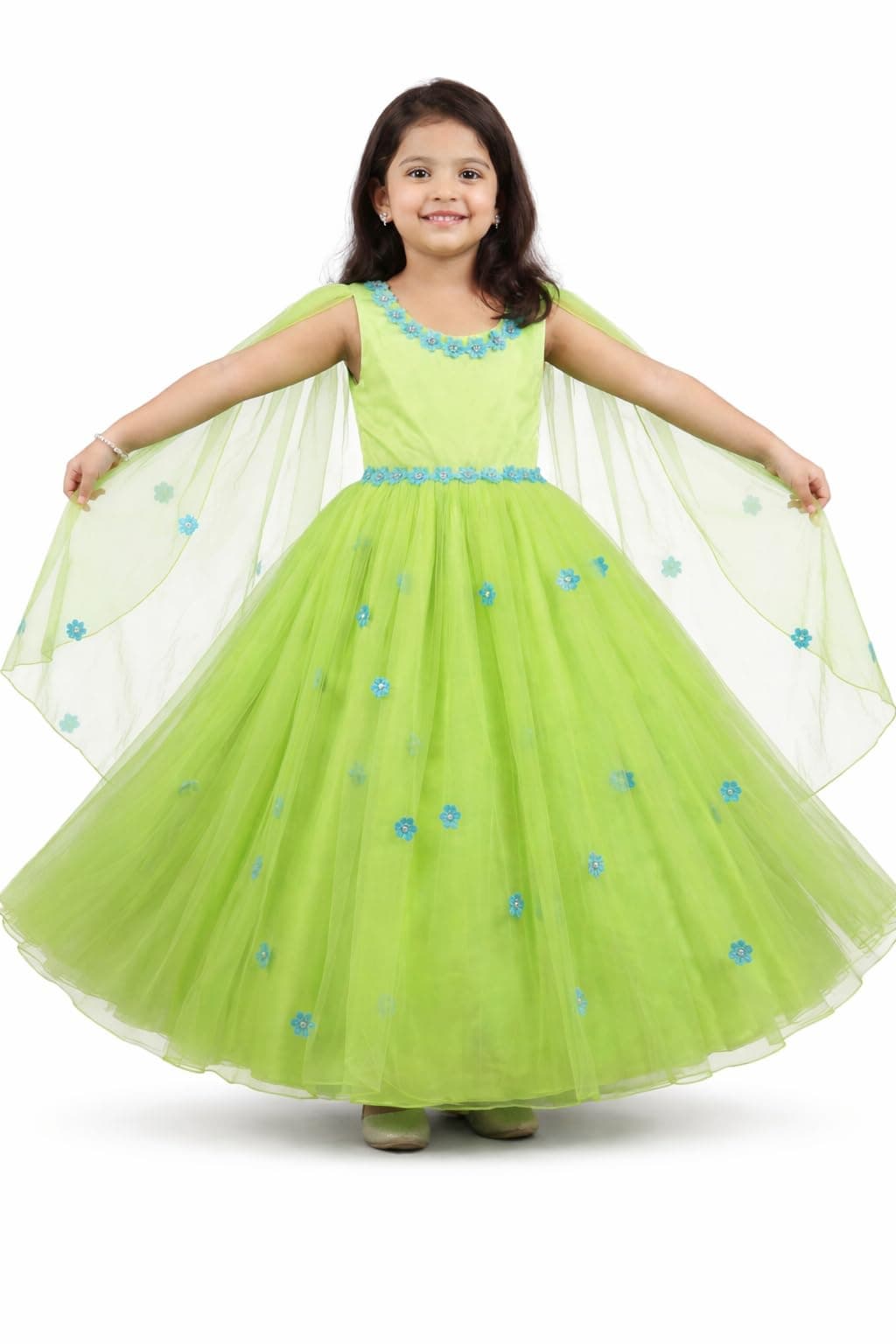 Stanwells Kids Dress for Girls Embroiderd Full Length Frock for Baby Girls Flower Gown Ruffle Pattern Back Zipper Beautiful Sleeveless Birthday Dress for Girls Pista Green (5-6 Years)