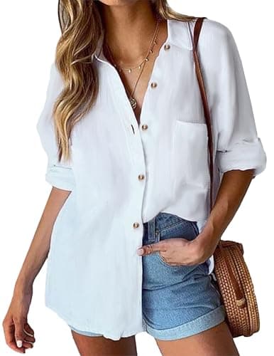 HOTOUCH Gauze Shirts for Women Button Down Long Sleeve Plus Size Tops Dressy Casual Loose Linen Cotton Blouse White XL