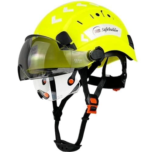 SAFEBUILDER Safety Helmet Hard Hat with Visor Clear & Tinted Adjustable Vented ABS Work Helmet 6-Point Suspension ANSI Z89.1 Approved for Industrial (Fluorescent Yellow Hat with Clear & Tinted Visor)