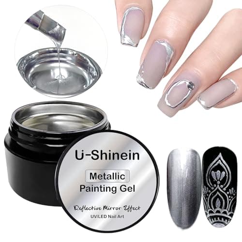 U-Shinein 8ml Metallic Painting Gel, Silver Painted Nail Polish, 3D Metal Painting Drawing Mirror Nail Gel Polish Glossy Soak Off UV/LED DIY Nail Art Manicure
