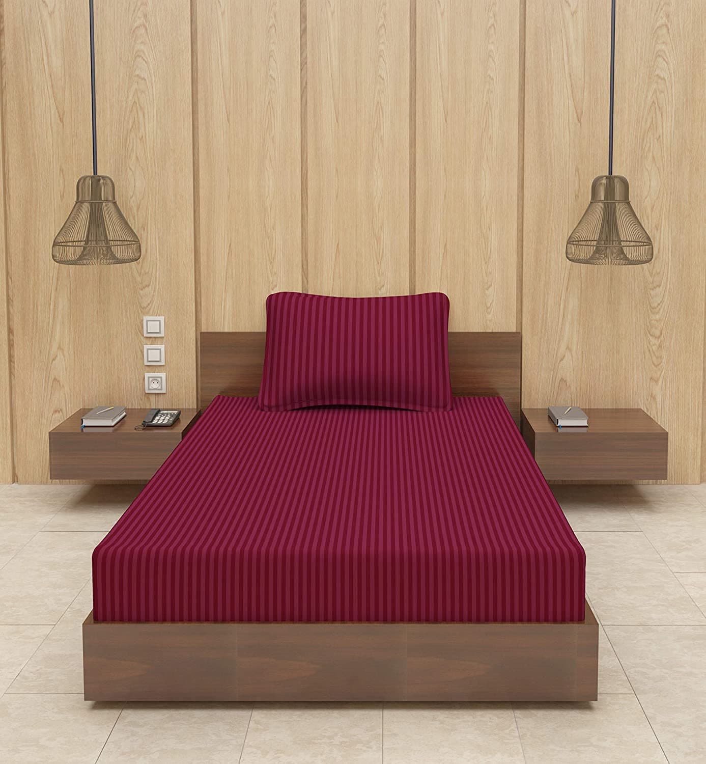 AKIN 220 TC Glace Cotton Satin Stripes | Lining Plain Bedsheet for Single Bed | Diwan Size with One Pillow Cover | Home Use | Hotels | Guest House | 60 x 90 Inches | (Single, Burgundy)