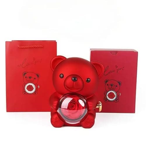 TLISMI Cute & Aesthetic Teddy Shape Ring Box| Romantic Bear with 360 °Rotating Preserved Rose- Hidden Jewellery Box for Wedding & Proposal | Unique Jewellery Display Case for Valentine’s Day Gift
