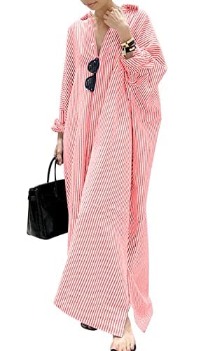 chouyatou Women's Casual Long Sleeve Button Down Loose Striped Cotton Maxi Shirt Dress (Small, Red)