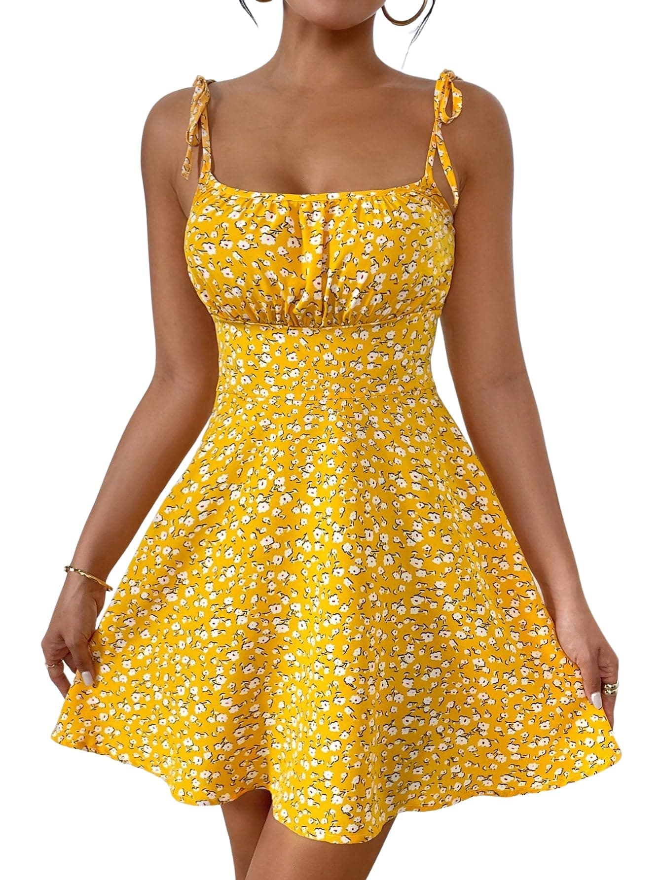 Aahwan Yellow Summer Vacation Style Floral Print Spaghetti Strap with Shoulder Ties Mini DressFor Women's & Girl's(325-Yellow-S)
