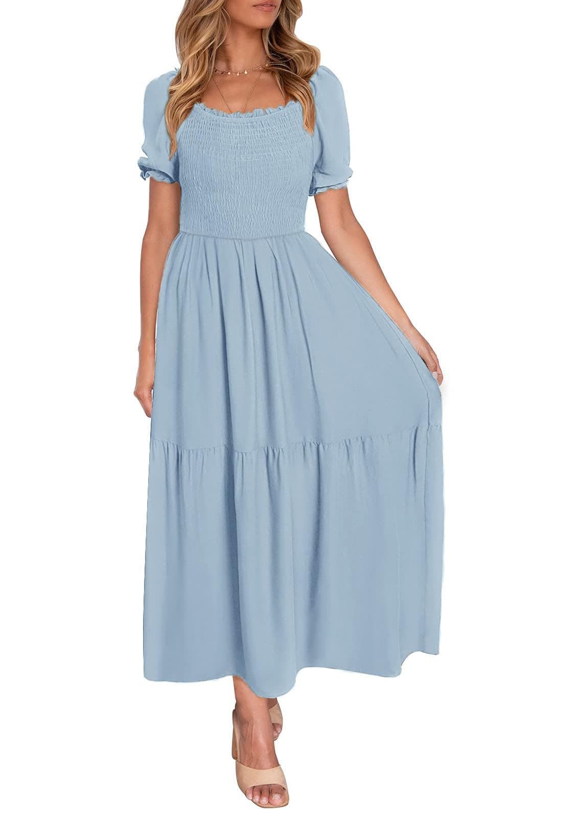 ZESICA Womens 2025 Summer Boho Floral Print Square Neck Ruffle Swing Beach Long Maxi DressLightBlueMedium