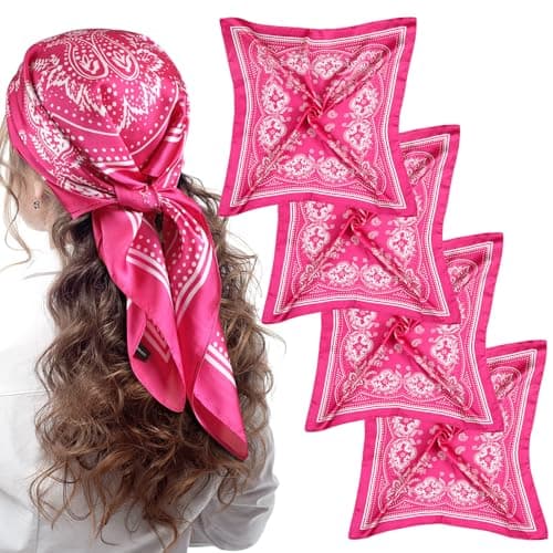 Syhood 4 Pcs 27'' Square Satin Head Scarves Satin Bandanas for Women Halloween Headband Silk Feeling Scarves Boho Headwear(Rose Red)