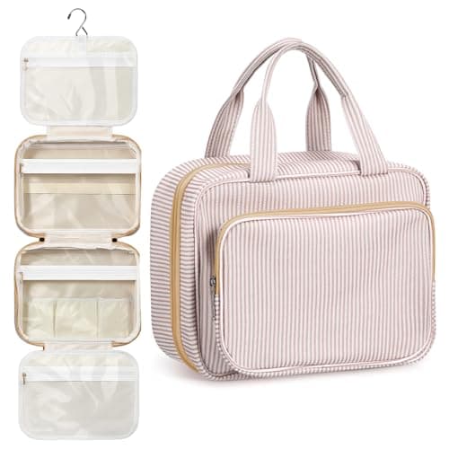 Huhumy Hanging Toiletry Bag for Women with Detachable Pouch Travel Toiletry Bag Travel Size Toiletries Cosmetic Bags Seersucker Makeup Bags Gifts for Her Mom Girlfriend Wife TeacherKhaki