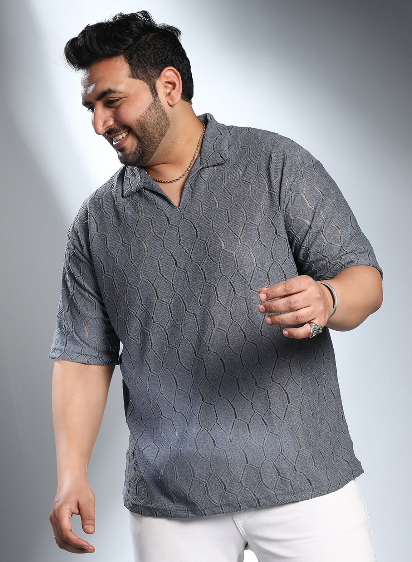 Men's Coin Grey Honeycomb-Knit Polo T-Shirt