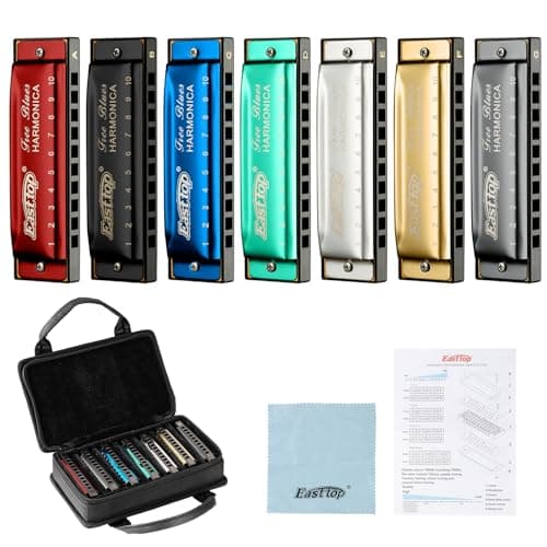 East top Harmonica Set, 7 Keys Diatonic Mouth Organ with Case, A, B, C, D, E, F, G, Professional, Bronze Reed, Polished Finish