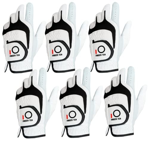 FINGER TEN Premium Cabretta Leather Golf Gloves Men 6 Pack for Right Left Handed Golfer, Comfortable Glove with All Weather Grip for Left Right Hand Size S M ML L XL (White-6 Pack, Medium, Left)