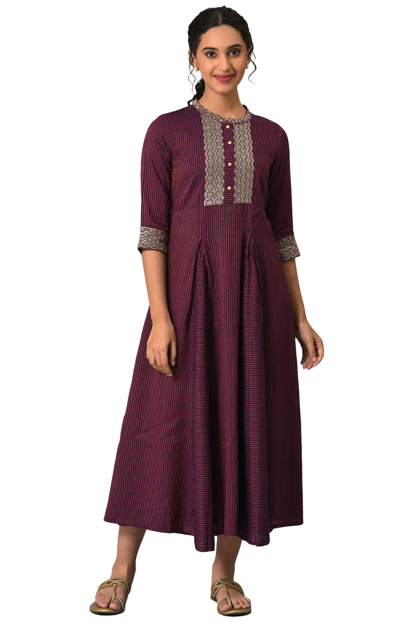 Aurelia Purple Striped Kurta with Zari and Sequins