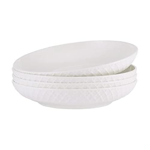 Mikasa Trellis Bone China 9-Inch Pasta Bowls Set of 4, Lightweight, Chip-Resistant White Porcelain, Dishwasher and Microwave Safe