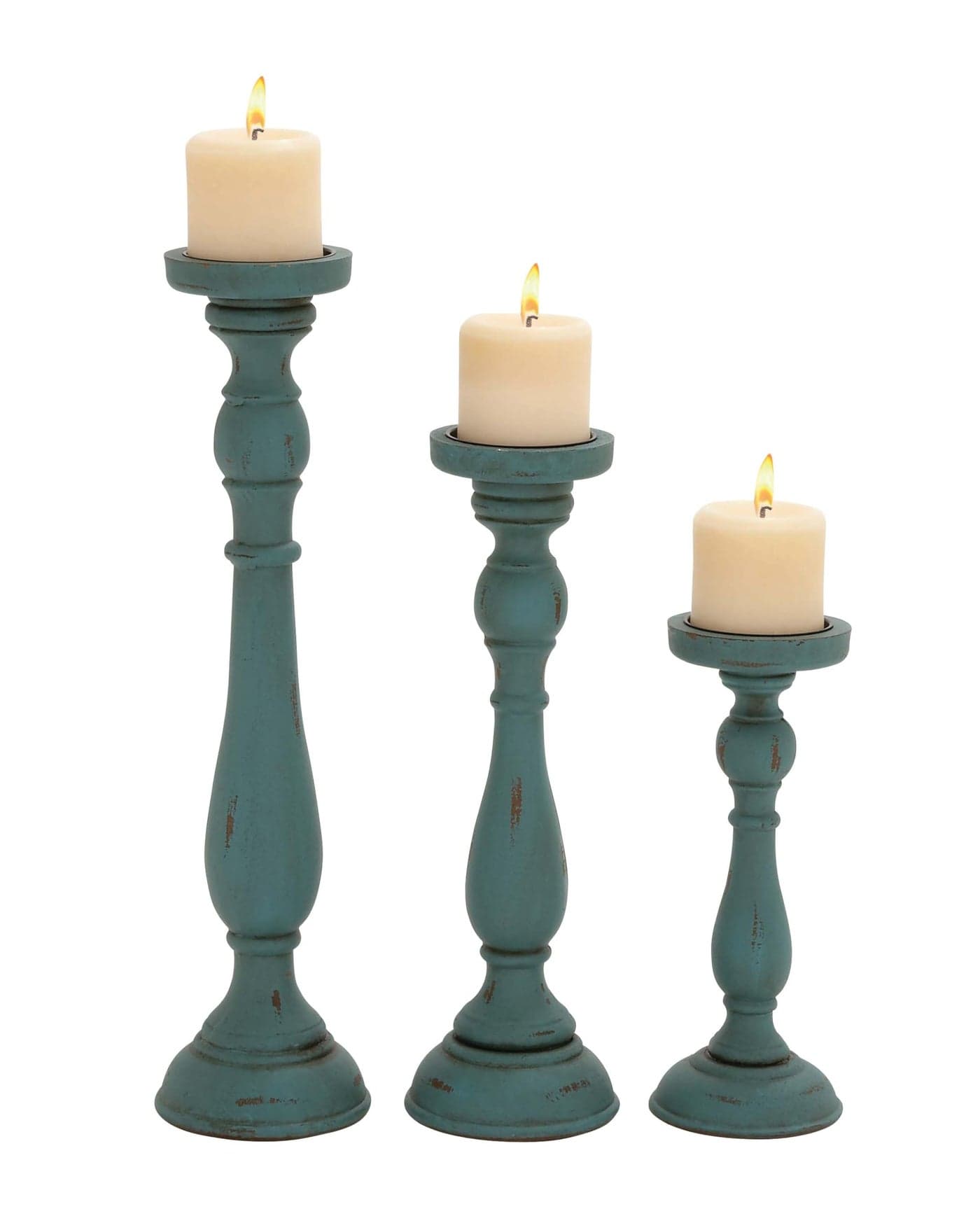 Deco 79 Wooden Decorative Candle Holder Distressed Turned Candle Stand Set of 3 Candlestick Holder 19 15 11H Teal