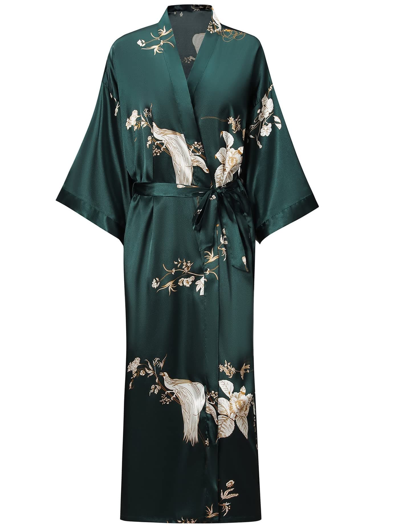 Womens Long Kimono Robe Long Satin Robes Long Silk Robes Floral Silky Bathrobes Dressing Gown Bird Green One Size