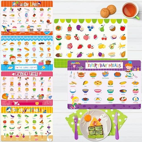 6 Pack Placemats for Kids NonSlip Washable Table Mats Reusable Food Themed Dining Mats Fruits Vegetables Snacks Candies Everyday Meal Educational Placemats for Home Classroom Nursery