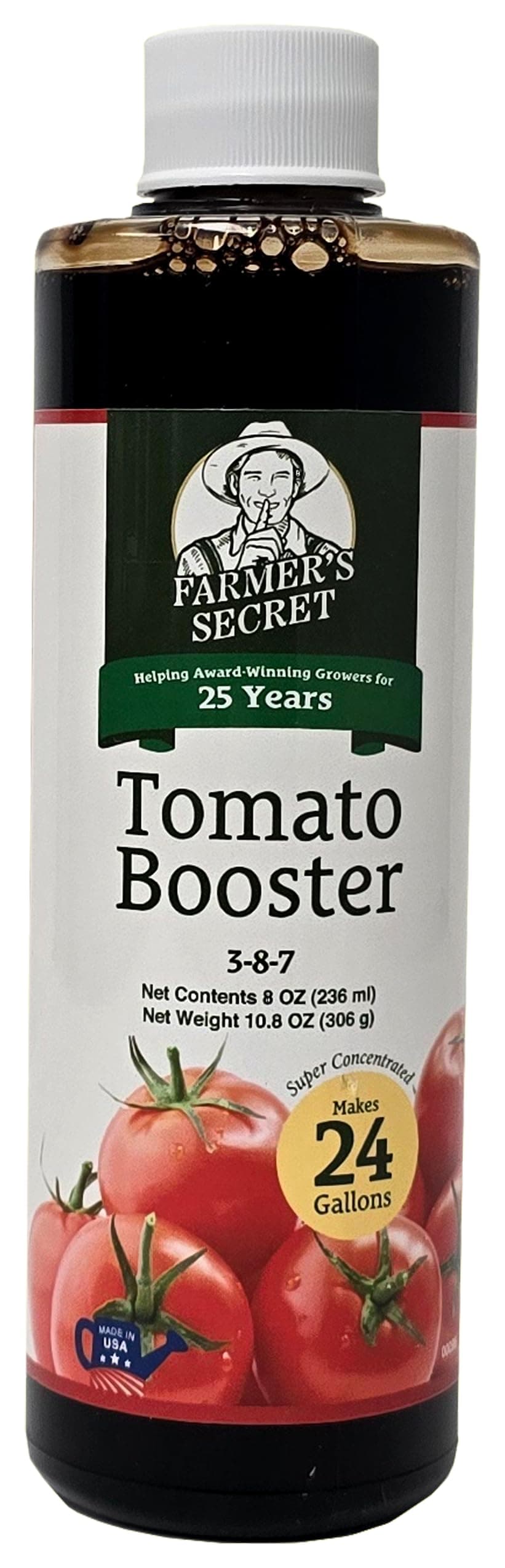 Farmer's Secret Tomato Booster Fertilizer (8oz) - Super Concentrated - 3:8:7 Ratio Fortified with Humic Acid, Iron and Calcium - Grow More Tomatoes