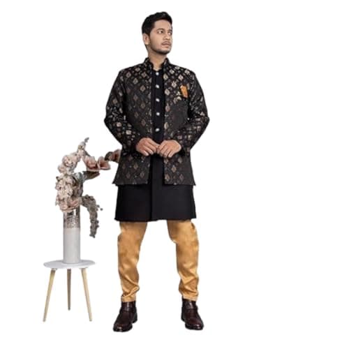 XEPON Mens Ethnic Wear Black Kurta Pajama With Stylish Long Jacket Set (Large)