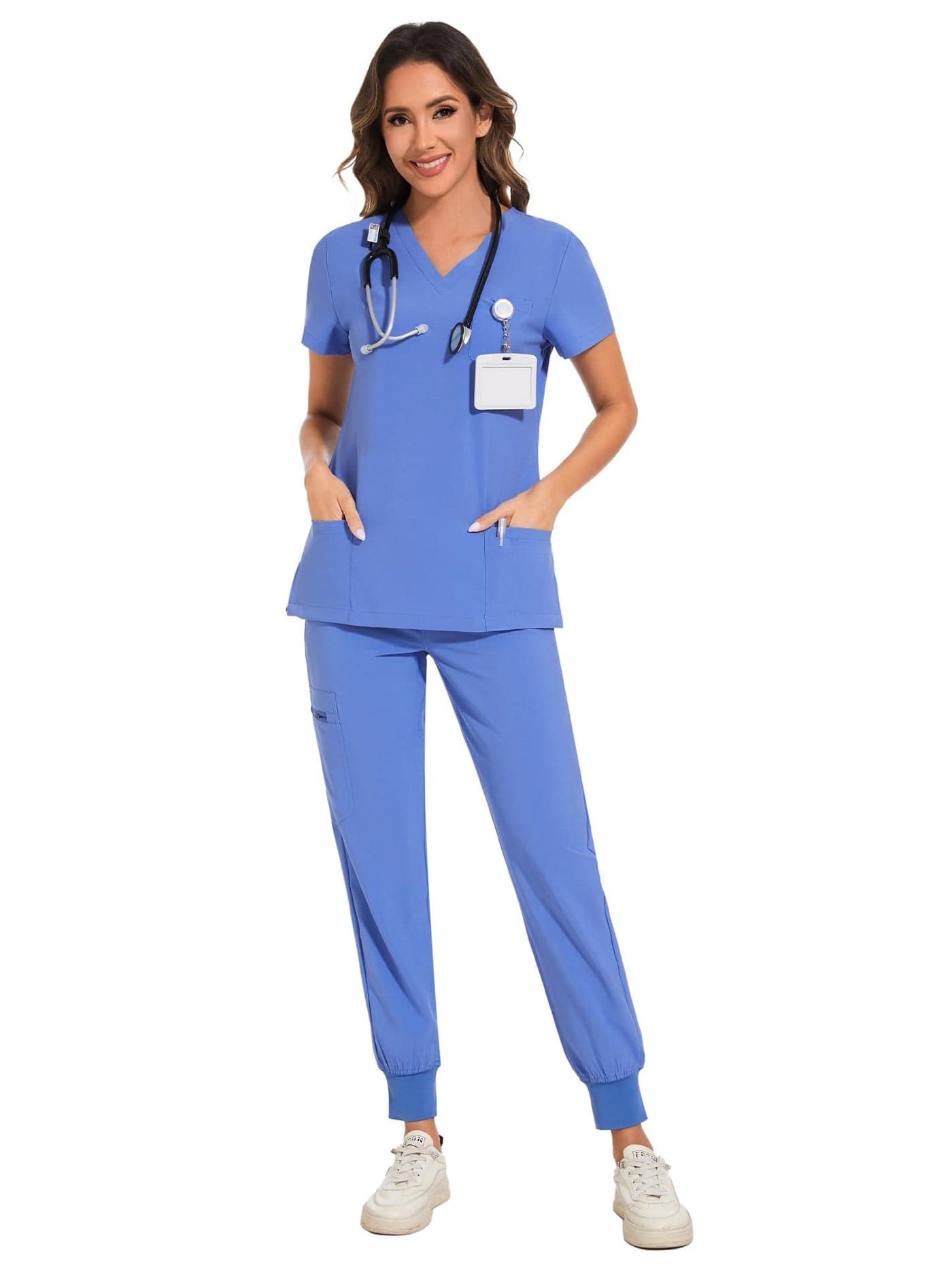 COZYFIT Scrubs for Women Set - Stretch V-Neck Scrub Top & Jogger Pant with 8 Pockets, Yoga Waistband, Anti Wrinkle, Slim Fit Women Scrubs - Ceil Blue, L