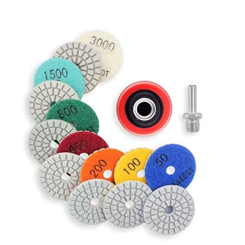 FINGLEE DT 2 Inch Diamond Polishing Pads with 7Pcs Dry Wet Granite Stone Polish Pad Kit for Drill,50-3000 Grit Polishing Pad (7Pcs Dry/Wet Pads+1 Drill Adapter)